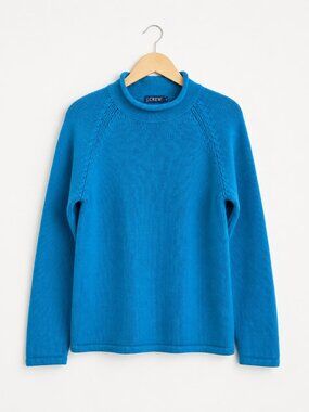 J.Crew S Cotton Turquoise Heavyweight Knit Sweater Roll Neck Raglan Y2K Coastal